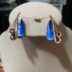 Vintage Matisse Renoir Deep Blue Enamel and Copper lily Clip On Earrings